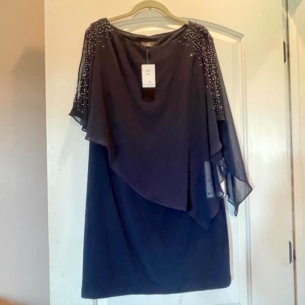 Cocktail Dress by Xscape, Sz 12P, Navy with rhinestones, and cold-shoulder, NWT